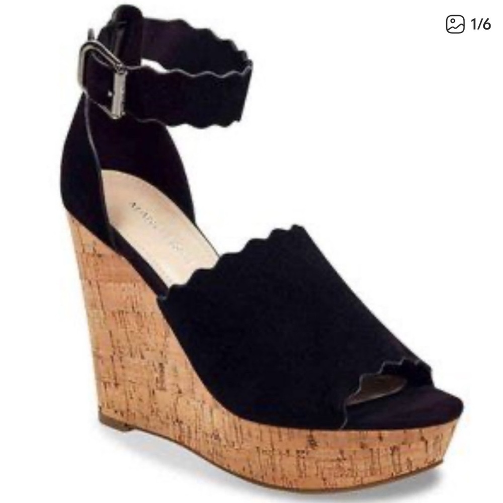 ✅ Black Scalloped Cork Wedge wedges Suede